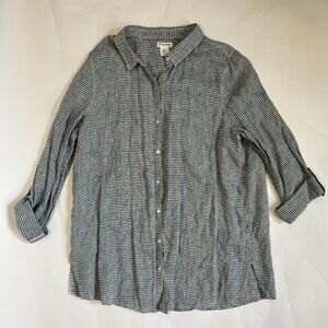 Artisan NY Womens XL 100% Linen Tunic Blue striped Shirt L / S Roll Tab nautical